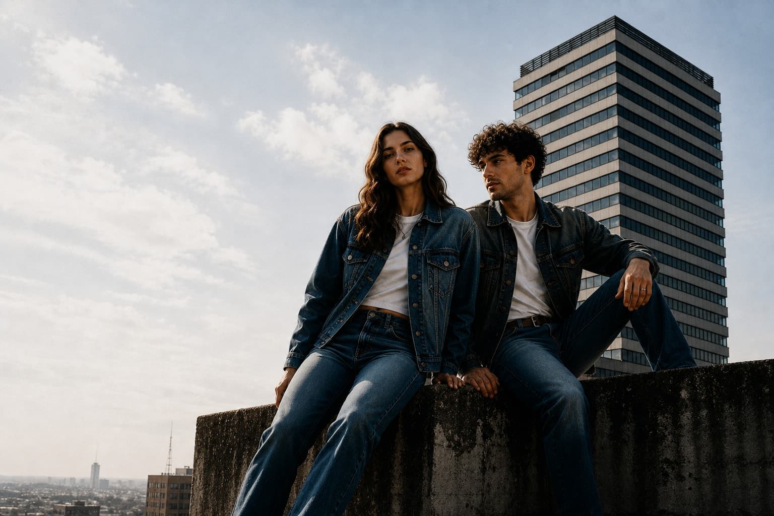 Zwei Denim-Looks auf einem urbanen Dach vor dem Oderturm